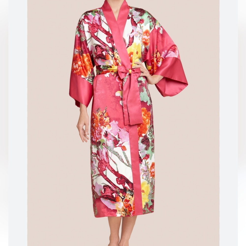 Natori Floral Satin Robe - Pink and Multicolor